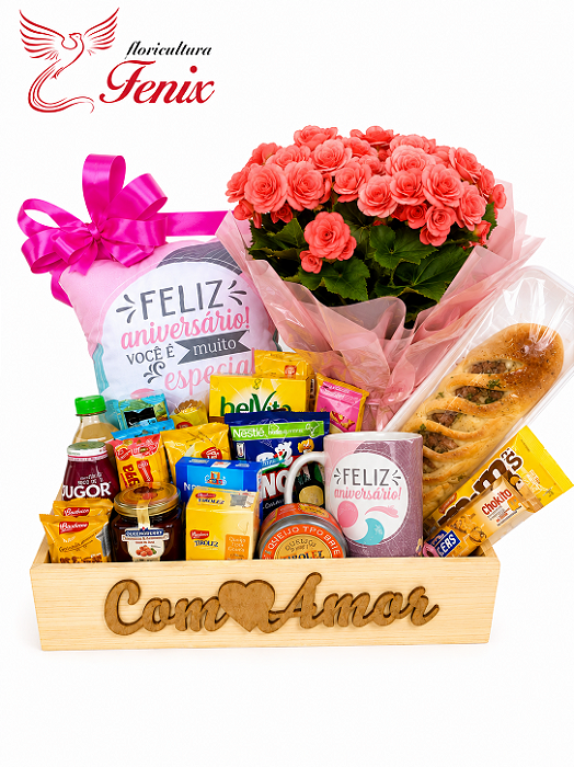 Luxuoso Baú Com Flores de Café da Manhã "Feliz Aniversário"