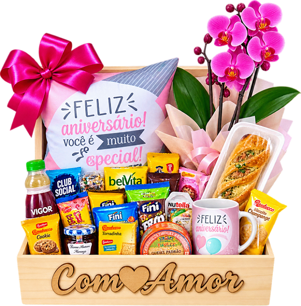 Baú de Café "Feliz Aniversário" com Orquídea