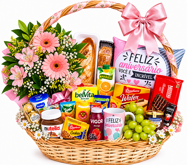 Cesta Café da Manhã “Feliz Aniversário” com Gérberas