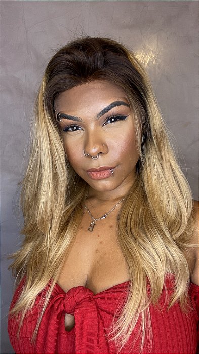 Peruca Lace Front Cabelo Humano Loiro Ombré Jaile detalhe lateral