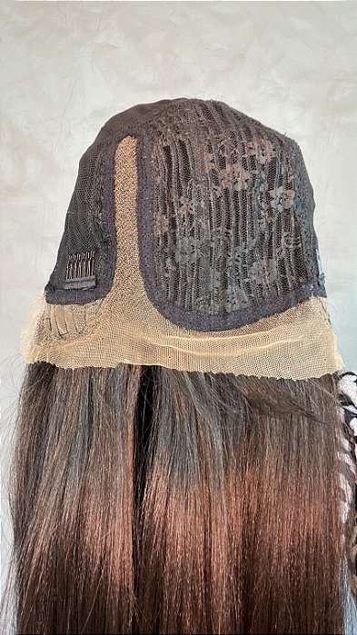 Peruca Lace Front Fibra Premium Elowin Castanho Escuro parte interna