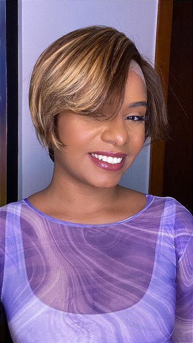Peruca Lace Front Cabelo Humano Pixie Gabi Loiro Mechas  1B/27