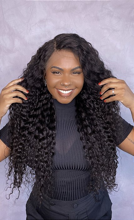 Peruca Cabelo Humano Silk Lace HD Cachos Wave 70cm