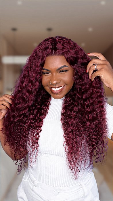 Peruca Cabelo Humano Fake Scalp HD Cacheada Lauren Marsala 60cm