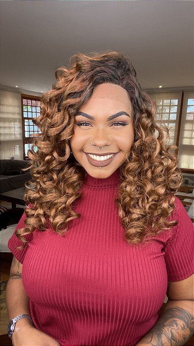 Peruca Lace Front Fibra Premium Cacheada Elajy Ombré Mel