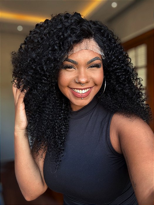 Peruca Lace Front Cabelo Humano Cacheado Kinky lateral