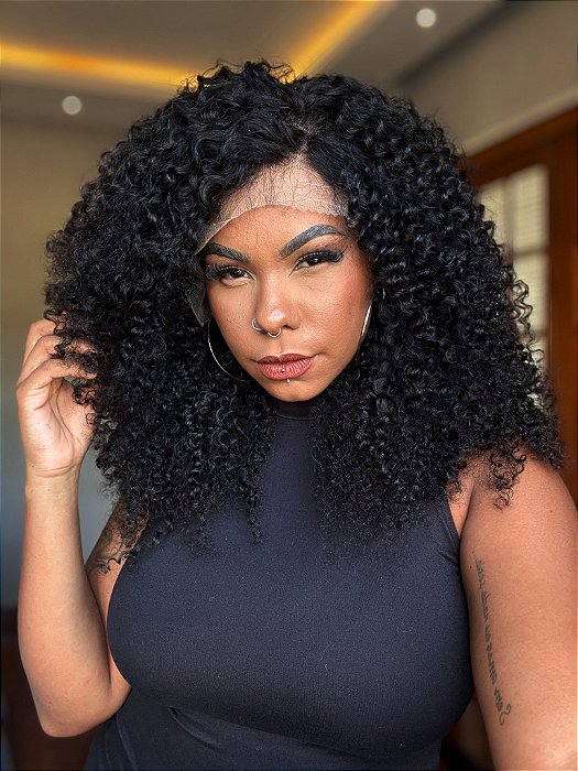 Peruca Lace Front Cabelo Humano Cacheado Kinky caimento