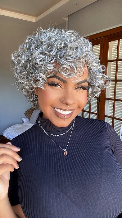 Peruca Invisível Part Cabelo Humano Cacheado Cloe Grisalho 51