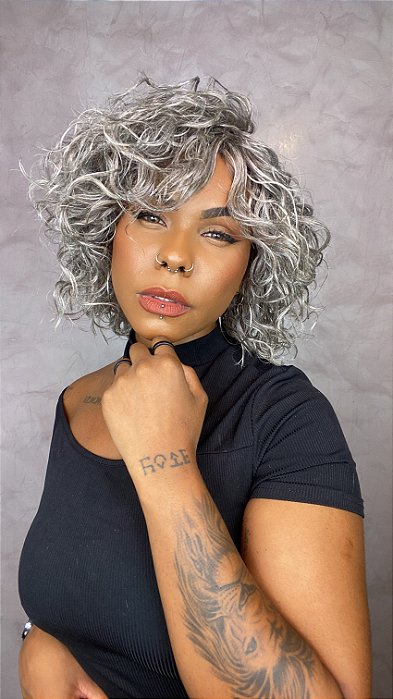 Peruca Cabelo Humano Cacheado Bárbara Borges Grisalha 51