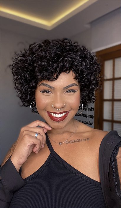 Peruca Cabelo Humano Cacheado Giovanna Preta