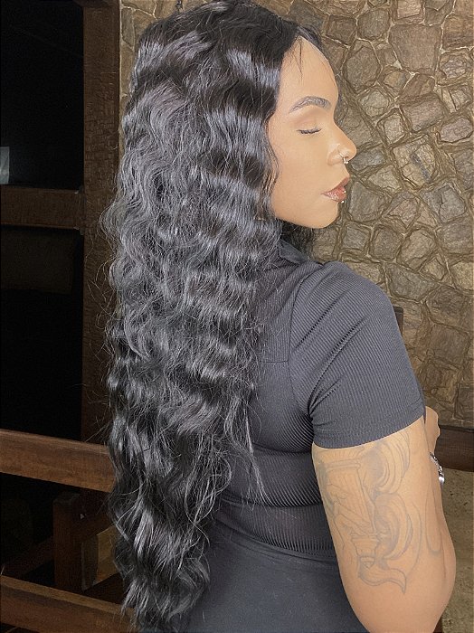 Lace Front HD Deep Crimp Curl Preto 1B lateral e comprimento