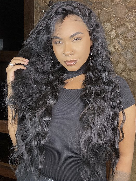 Lace Front HD Deep Crimp Curl Preto 1B vista lateral