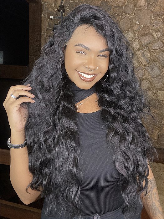 Lace Front HD Deep Crimp Curl Preto 1B detalhe das ondas