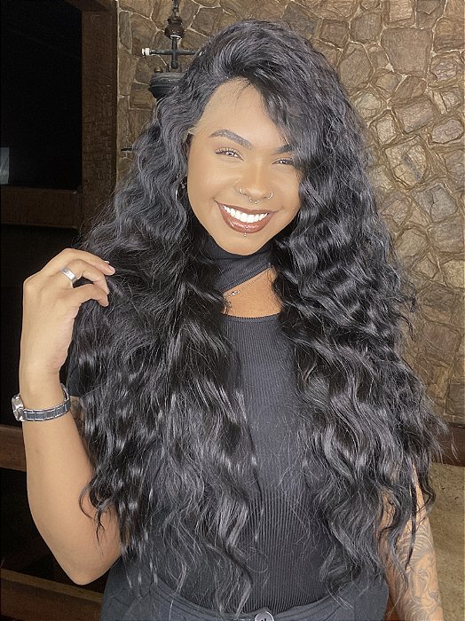 Lace Front HD Deep Crimp Curl Preto 1B frente e comprimento