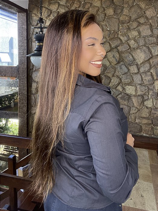 Peruca Lace Front Angela Mechas vista lateral