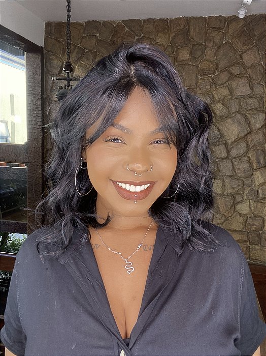 Peruca Lace Fibra Premium Ondulada Franja Alexis 023 Preta 1B