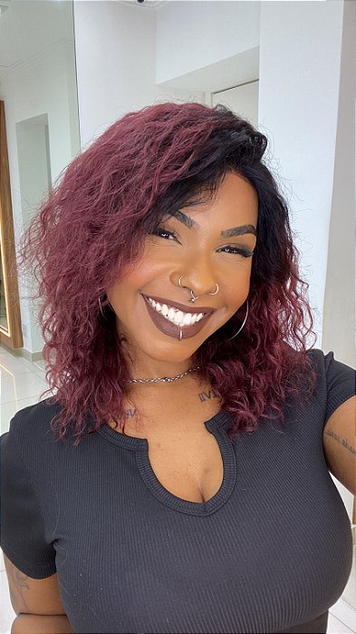 Peruca Lace Front Cabelo Humano Cacheado Rosane Viena Marsala