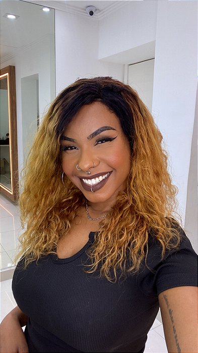 Lace Front 13x3 Cabelo Humano Cacheado Rosane Viena Ombré Loiro Dourado 1B/27