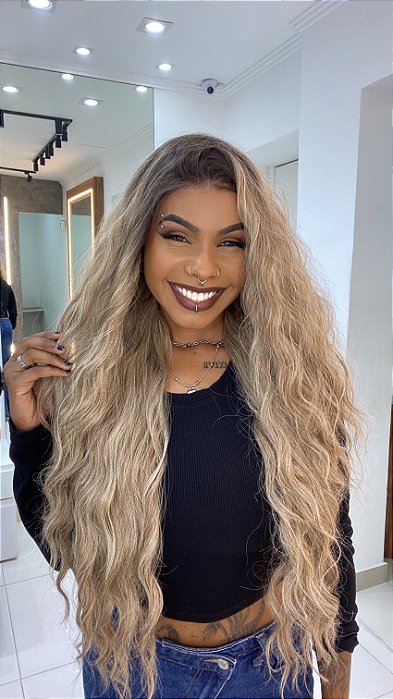 Peruca Lace Front Fibra Proteína Ondulado Fiorela Loira