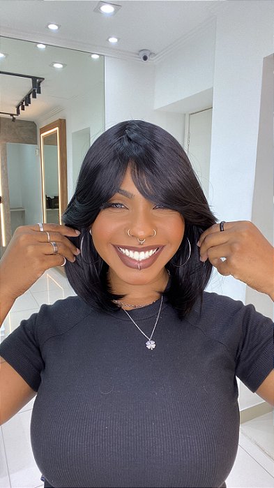 Peruca Fibra Futura Liso Franja Odete Preta 1B