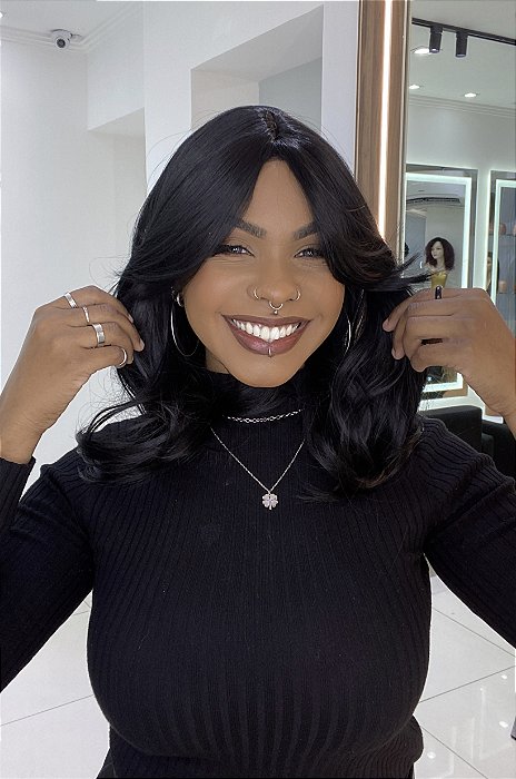 Peruca Fibra Futura Ondulado Franja Niara Preta