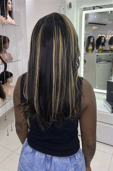 Peruca Lace Front Cabelo Humano 50cm Mechas 1B/27 costas