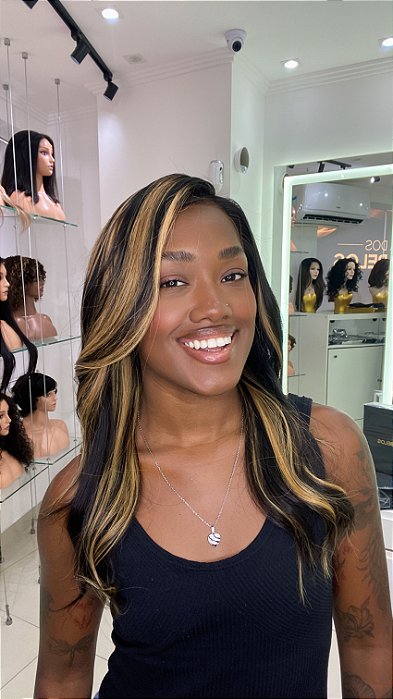 Peruca Lace Front Cabelo Humano 50cm Mechas 1B/27 caimento