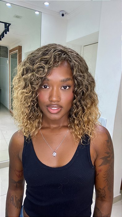 Wig Cabelo Humano Cacheado Modiza Loiro Mechas 4/27