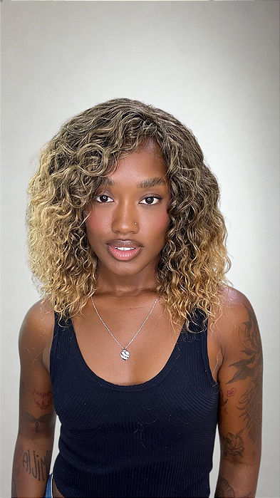Wig Cabelo Humano Cacheado Modiza Loiro Mechas 4/27