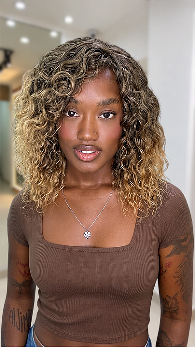 Wig Cabelo Humano Cacheado Modiza Loiro Mechas 4/27