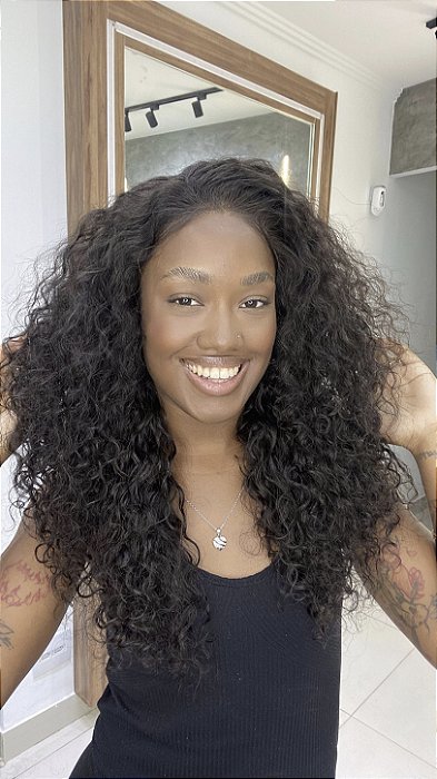 Peruca Lace Front Cabelo Humano Cacheada Longa Dania Castanho Escuro