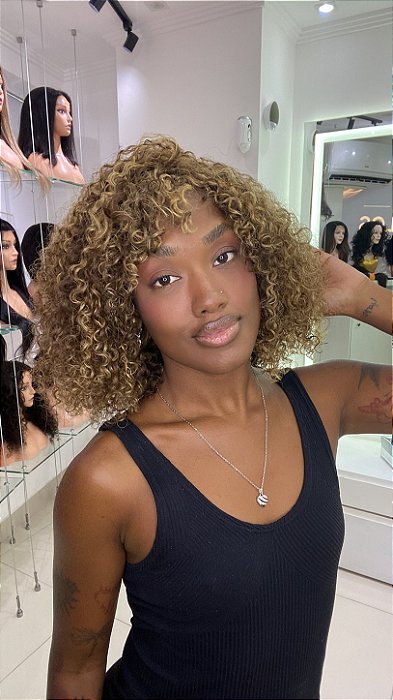 Peruca Cabelo Humano Cacheado Beck 30JC Loiro Mechas 1B