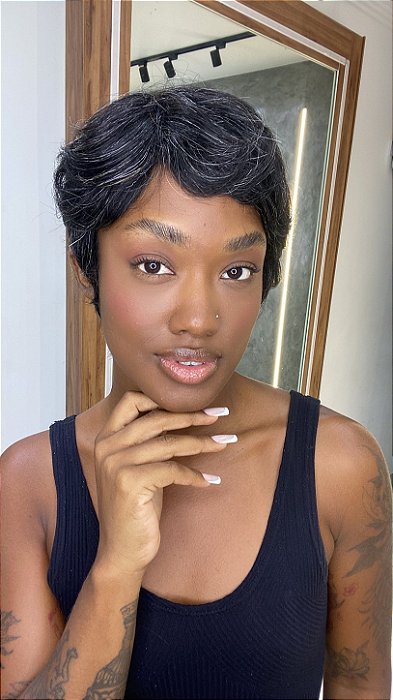 Peruca Cabelo Humano Pixie Solana Mechas Grisalhas 280