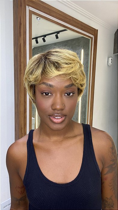 Peruca Cabelo Humano Pixie Solana Castanho Loira T4/27