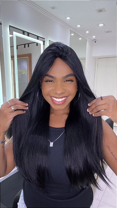 Peruca Fina Cabelo Humano Silk Top Nívea - Preto 60 cm