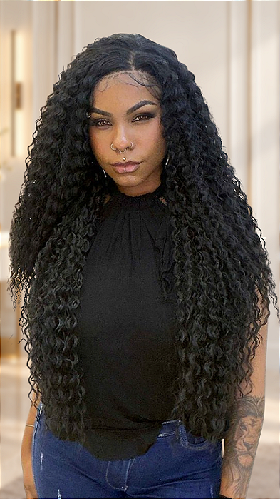 Peruca Lace Front Fibra Premium Eva Cacheada Castanho Escuro