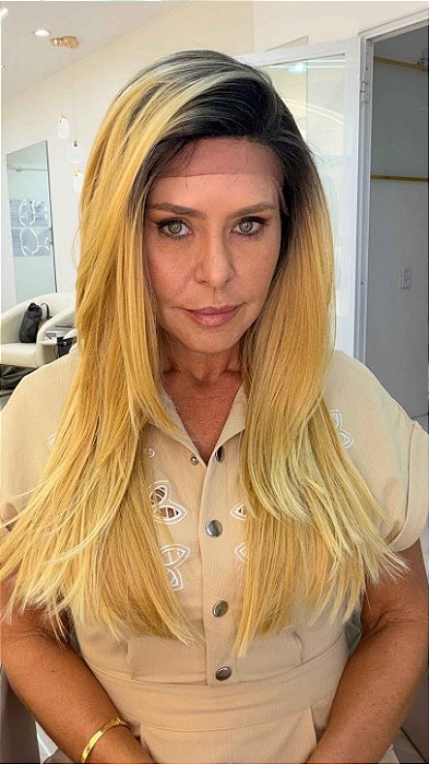 Peruca Lace Front Fibra Premium Loiro de Tinta Dourado Quente