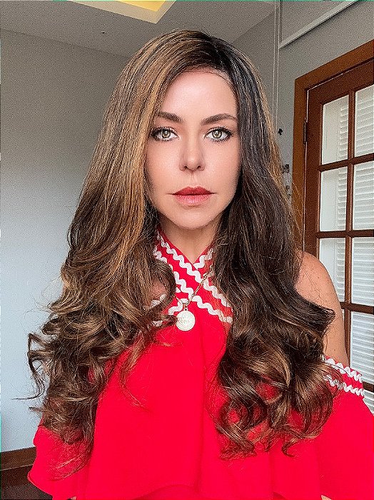 Lace Front Cabelo Humano Longo Mechas vista frontal e volume