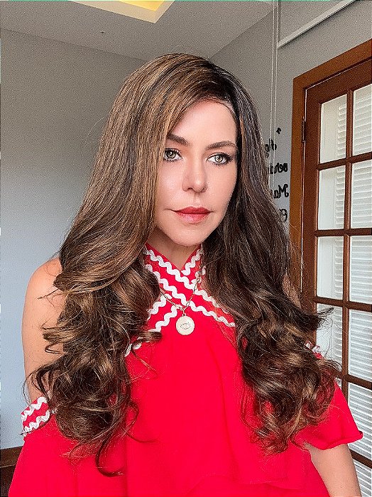 Lace Front Cabelo Humano Longo Mechas detalhe de cor e volume