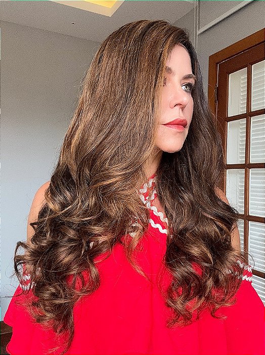 Lace Front Cabelo Humano Longo Mechas detalhe lateral