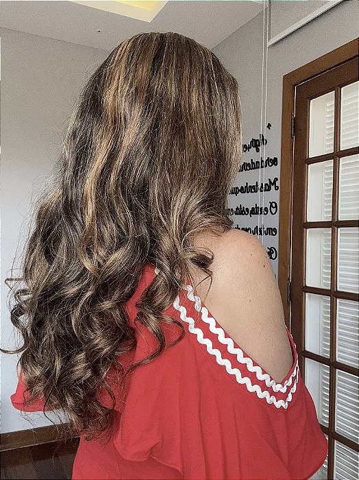 Lace Front Cabelo Humano Longo Mechas vista de costas