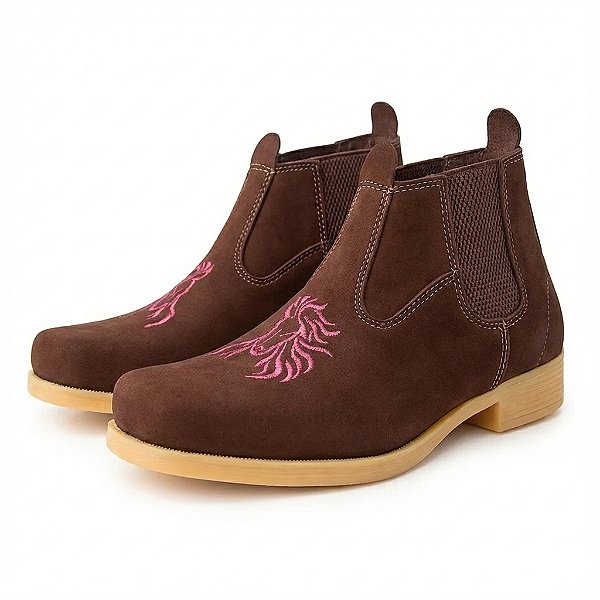 Botina Feminina de Couro Nobuck Bordada Cavalo – Super Leve com Solado PVC