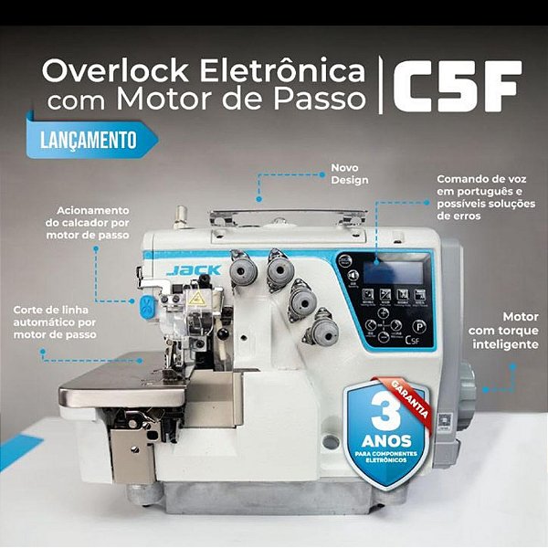 MAQUINA DE COSTURA OVERLOQUE ELETRONICA 2 AGULHAS COM EMBUTIDOR DE CORRENTINHA JACK JK-C5S-4-82/323BKZ - 220 V