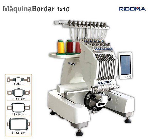 Maquina de Bordar Ricoma EM-1010 10 agulhas com Kit de 50 linhas de bordados com 2 Bastidores de Bones
