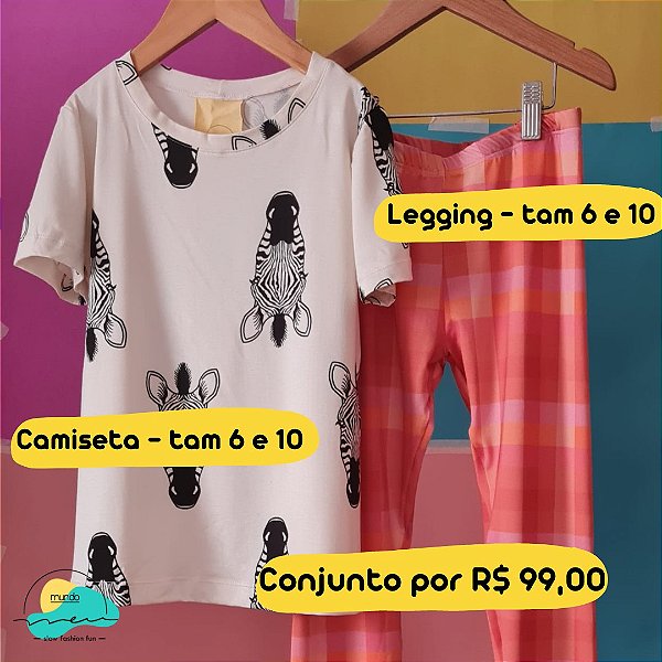 Conjunto Camiseta Zebra Off + Calça Legging Xadrez