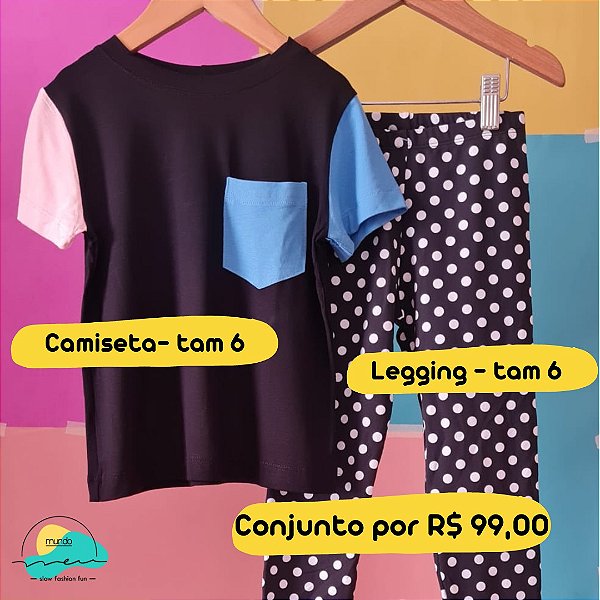 Conjunto Camiseta Color Block Preta + Calça Legging Poá