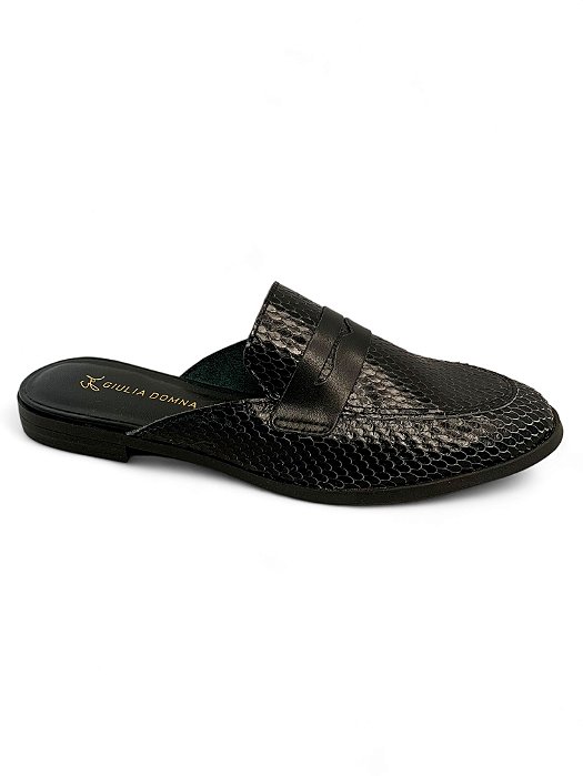 Mule Giulia Domna Preto Couro Escamado