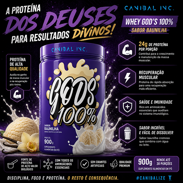 Gods whey 100% sabor original pote 900g - Canibal Inc. Sabor Leite