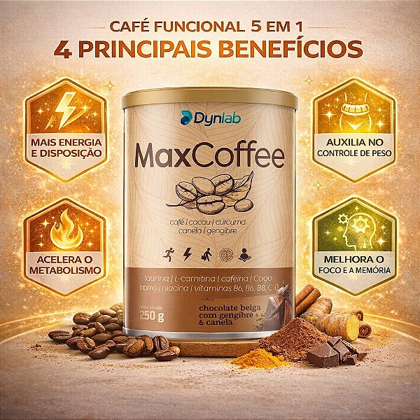 MAX COFFEE 250G CAFÉ | CACAU | GENGIBRE | CURCUMA E CANELA | DYNLAB