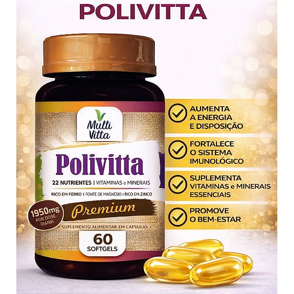 POLIVITAMINICO| MULTIVITAMÍNICO POLIVITTA 22 NUTRIENTES VITAMINAS E MINERAIS 60 SOFTGELS
